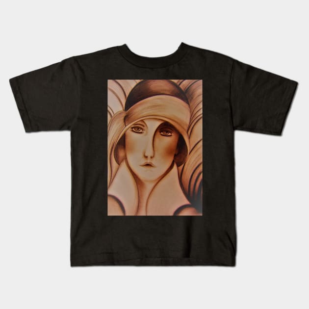 sepia art deco flapper hat girl lady 20s by jackie smith Kids T-Shirt by jacquline8689